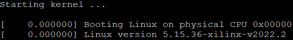 Screen shot showing Linux booting with post-upgrade version 5.15.36-xilinx-v2022.2
