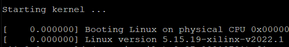Screen shot showing Linux booting with pre-upgrade version 5.15.19-xilinx-v2022.1