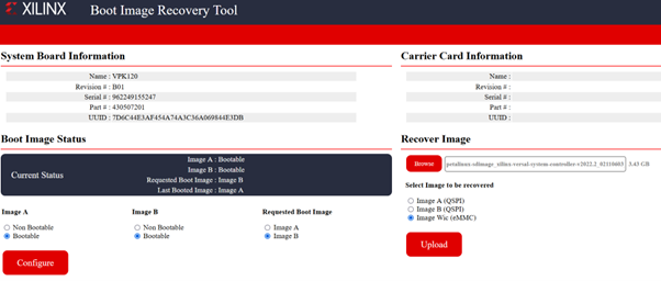 Screen shot of Boot Image Recovery Tool with image wic selected