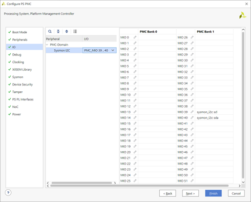 Screenshot of Vivado project showing the IO tab and selecting the Sysmon I2C setting