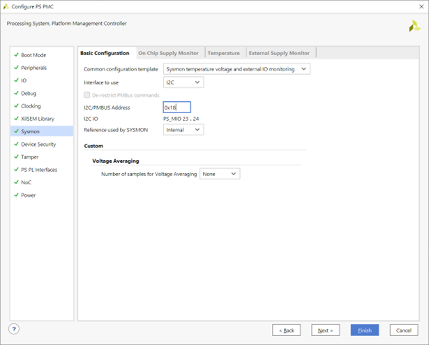 Screenshot of Vivado project showing Sysmon tab and setting the Common configuration template