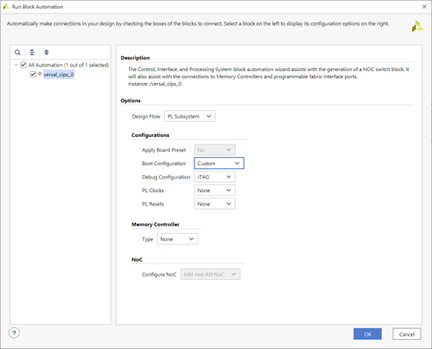 Screenshot of Vivado project showing selecting the design flow and adding PL clocks and reset