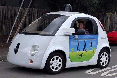 A Google self-driving car at the intersection of Junction Ave and North Rengstorff Ave in Mountain View.